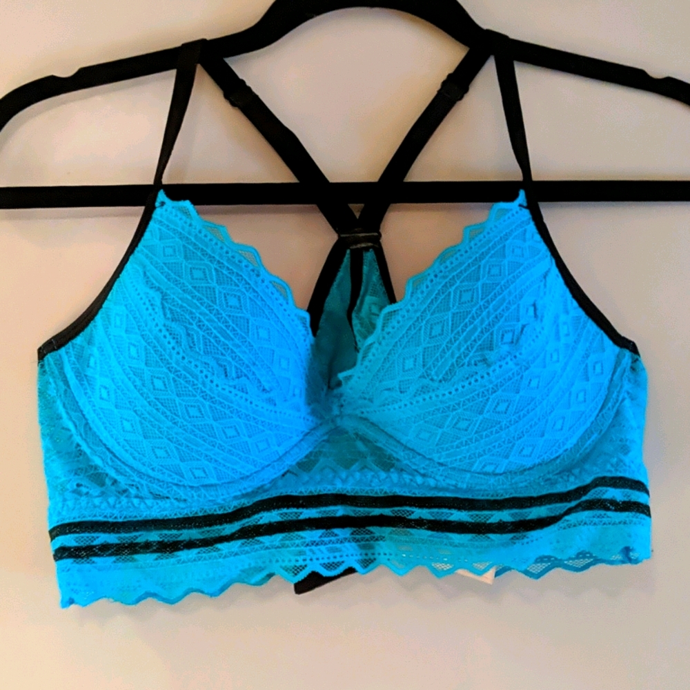 Blue lace racerback padded bra